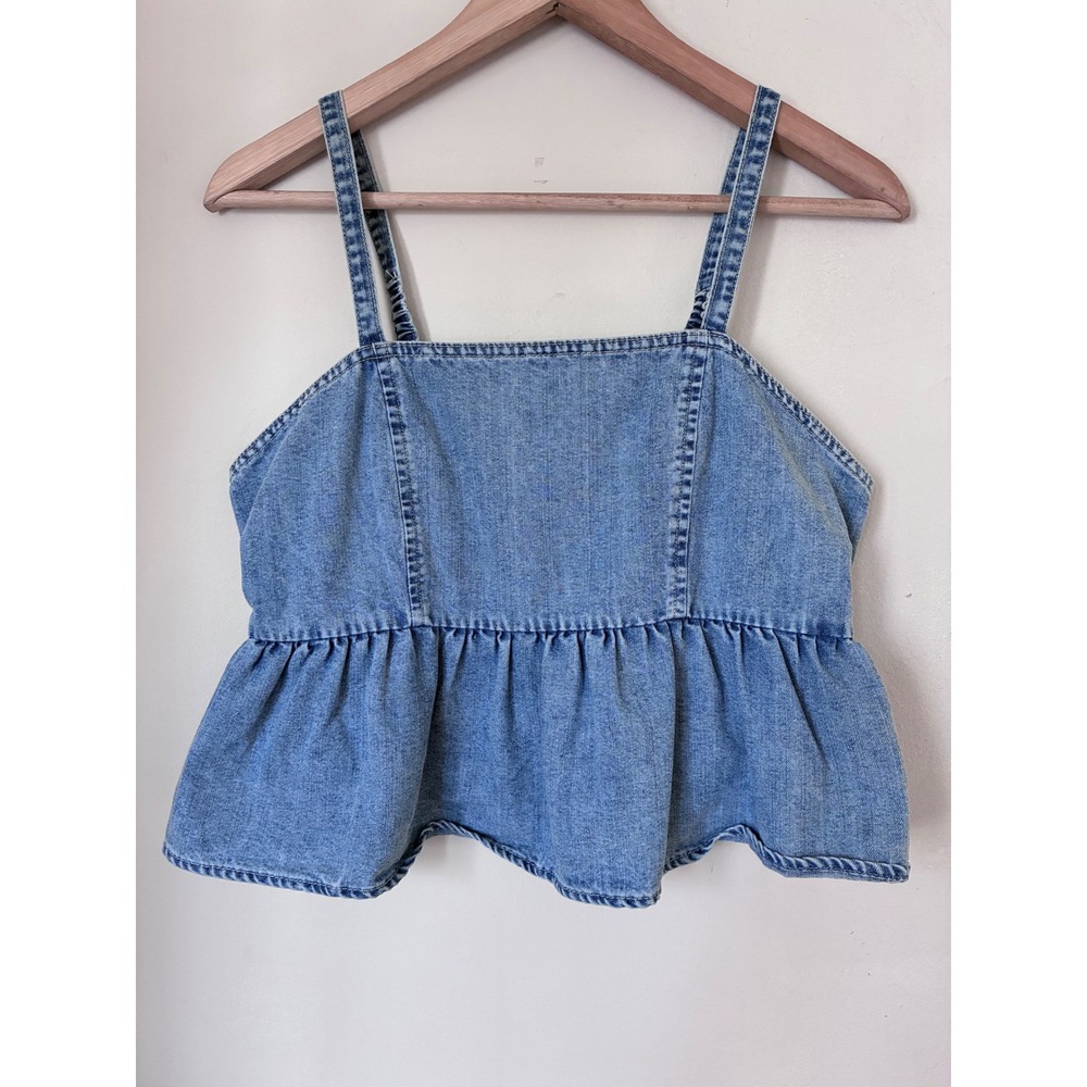 Celebrity Pink Denim Peplum Camisole Top Medium Wash Blue Smocked Back L